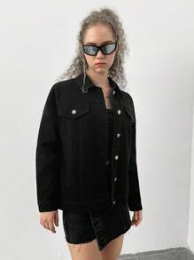 Teen Girl Figure Graphic Drop Shoulder Denim Jacket - Black - View 4