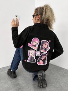 Teen Girl Figure Graphic Drop Shoulder Denim Jacket - Black - View 5