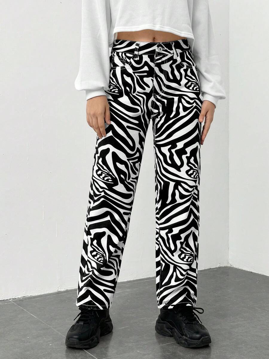 Teen Girl Zebra Striped Print Straight Leg Jeans - Black and White - View 1