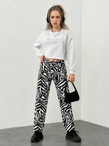Teen Girl Zebra Striped Print Straight Leg Jeans - Black and White - View 3