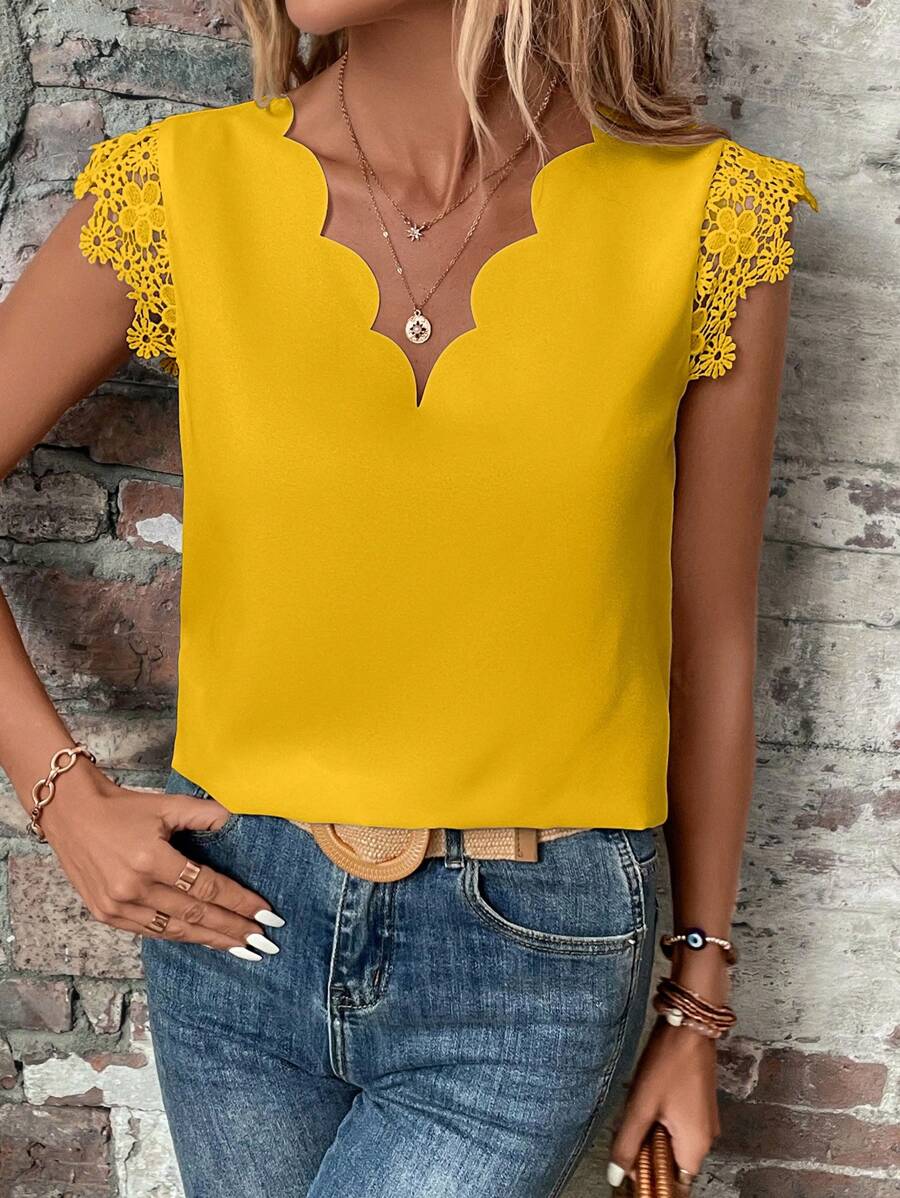SHEIN Clasi Sleeve Contrast Guipure Lace V-Neck Scallop Blouse - Yellow - View 1
