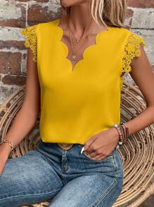 SHEIN Clasi Sleeve Contrast Guipure Lace V-Neck Scallop Blouse - Yellow - View 3