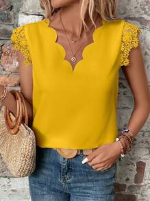 SHEIN Clasi Sleeve Contrast Guipure Lace V-Neck Scallop Blouse - Yellow - View 6