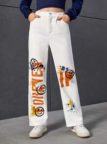 青少年女孩卡通和字母圖案直筒牛仔褲 - 白色 - 查看 1