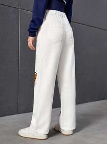 青少年女孩卡通和字母圖案直筒牛仔褲 - 白色 - 查看 2