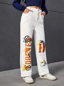 青少年女孩卡通和字母圖案直筒牛仔褲 - 白色 - 查看 3