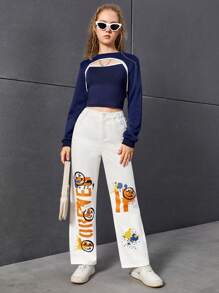 青少年女孩卡通和字母圖案直筒牛仔褲 - 白色 - 查看 4