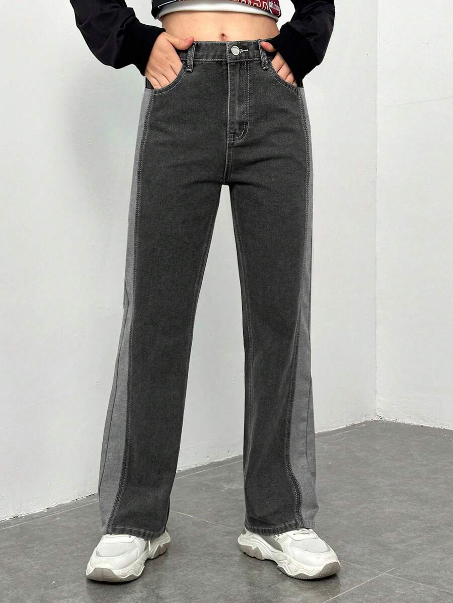 Teen Girl Slant Pocket Straight Leg Jeans - Dark Grey - View 1