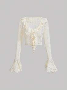 SHEIN MOD 休閒鈕扣 揉皺純色女士上衣 - 米色 - 查看 1