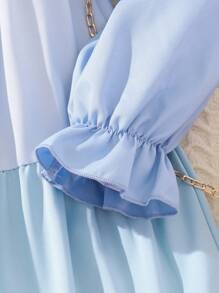 SHEIN Chica preadolescente Vestido con diseño fruncido de manga con volante bajo con fruncido - Celeste - Ver 4