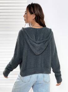 SHEIN EZwear 星星圖案抽繩連帽短款絨毛針織開襟衫 - 深灰色 - 查看 2