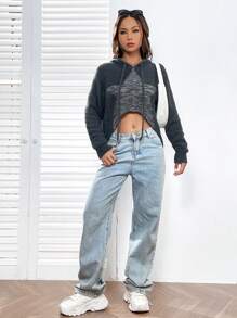 SHEIN EZwear 星星圖案抽繩連帽短款絨毛針織開襟衫 - 深灰色 - 查看 5