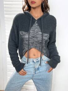 SHEIN EZwear 星星圖案抽繩連帽短款絨毛針織開襟衫 - 深灰色 - 查看 7