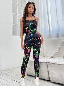 SHEIN Essnce 潑墨圖案吊帶彈力緊身連體褲