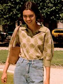 Simple Retro Top de punto con patrón floral de cuello polo de manga farol - Verde Oliva - Ver 8