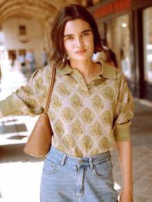 Simple Retro Top de punto con patrón floral de cuello polo de manga farol - Verde Oliva - Ver 6