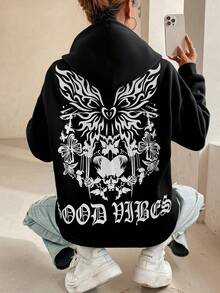 SHEIN Unity 愛心和字母圖案落肩袖抽繩連帽衫 - 黑色 - 查看 6