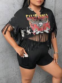 SHEIN SXY Plus Floral & Eagle Print Fringe Trim Tee & Shorts - Black - View 1