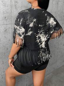 SHEIN SXY Plus Floral & Eagle Print Fringe Trim Tee & Shorts - Black - View 2