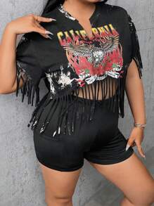 SHEIN SXY Plus Floral & Eagle Print Fringe Trim Tee & Shorts - Black - View 3