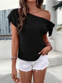 SHEIN Clasi Off-Shoulder Knotted Short Sleeve T-Shirt  Blouse - Black - View 1