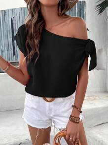 SHEIN Clasi Off-Shoulder Knotted Short Sleeve T-Shirt  Blouse - Black - View 4