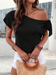 SHEIN Clasi Off-Shoulder Knotted Short Sleeve T-Shirt  Blouse - Black - View 5