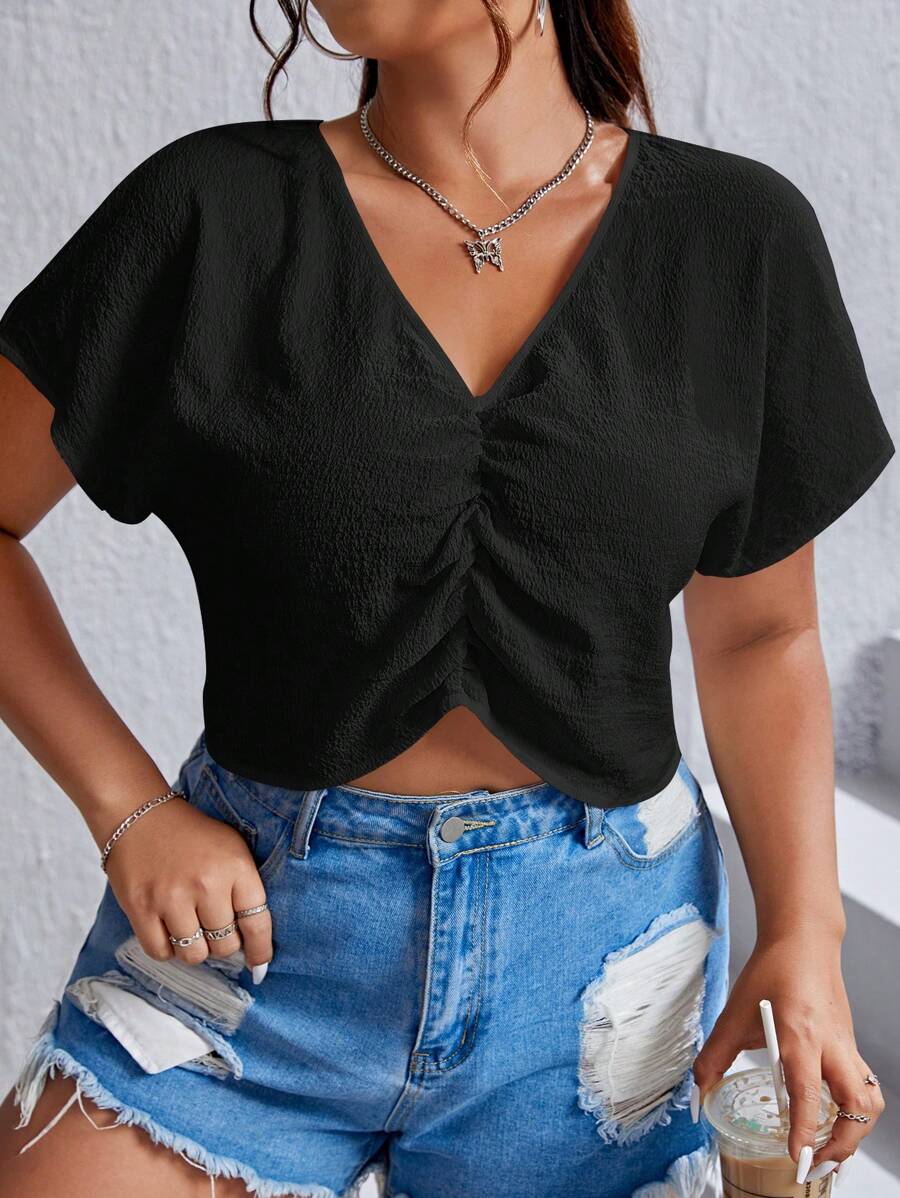 SHEIN EZwear Plus Size Women Casual Short V-Neck Solid Color Short Sleeve Shirt - Black - View 1