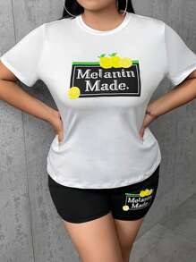 SHEIN SXY 大碼檸檬&字母圖案T恤和短褲 - 黑與白 - 查看 1