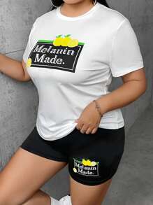 SHEIN SXY 大碼檸檬&字母圖案T恤和短褲 - 黑與白 - 查看 3