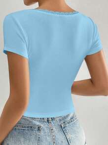 SHEIN Qutie Lace Trim Bow Front Tee - Baby Blue - View 3