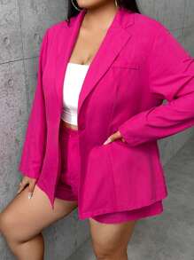 SHEIN SXY Plus Lapel Neck Single Button Blazer & Shorts - Hot Pink - View 4