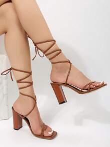 Giày cao gót đế xuồng màu trắng mới cho nữ mùa hè có dây ruy băng, giày cao gót dự tiệc cưới - màu nâu - Xem 4