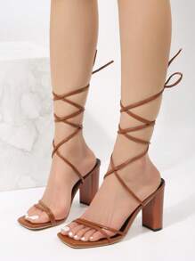 Giày cao gót đế xuồng màu trắng mới cho nữ mùa hè có dây ruy băng, giày cao gót dự tiệc cưới - màu nâu - Xem 6