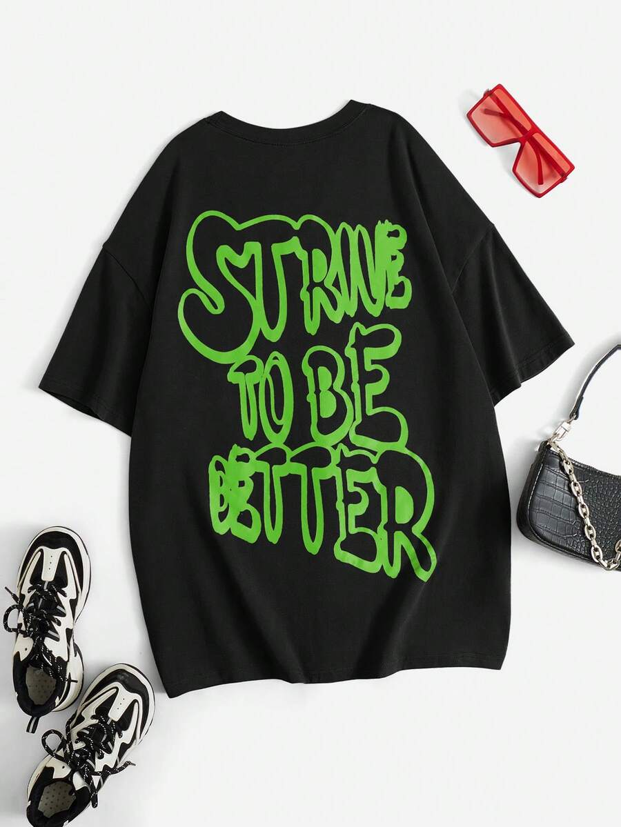 SHEIN Coolane Đồ họa Khẩu hiệu Áo thun Thả vai - màu đen - Xem 1