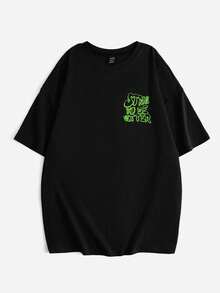 SHEIN Coolane Đồ họa Khẩu hiệu Áo thun Thả vai - màu đen - Xem 3