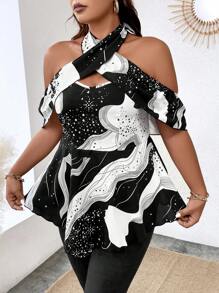 Calvaya 大碼星空圖案交叉繞頸襯衫 - 黑與白 - 查看 6