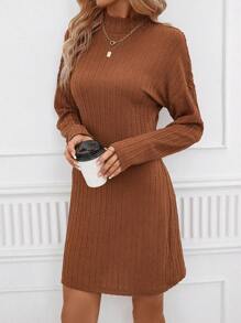 SHEIN Clasi 小高領落肩袖洋裝 - 棕色 - 查看 1