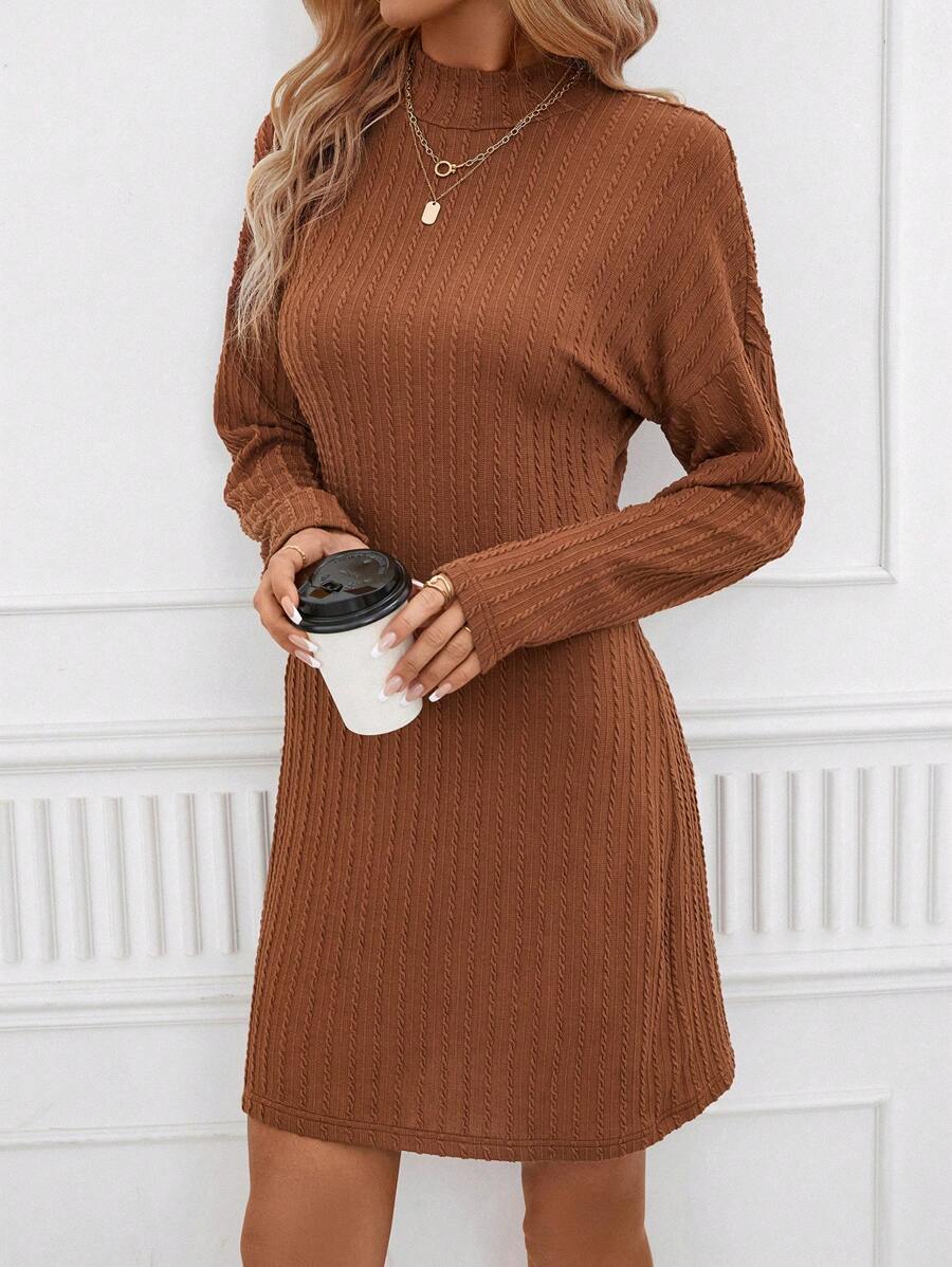 SHEIN Clasi 小高領落肩袖洋裝 - 棕色 - 查看 1