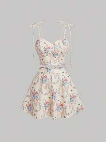 SHEIN MOD Allover Floral Print Bustier Cami Top & Skirt - Beige - View 1