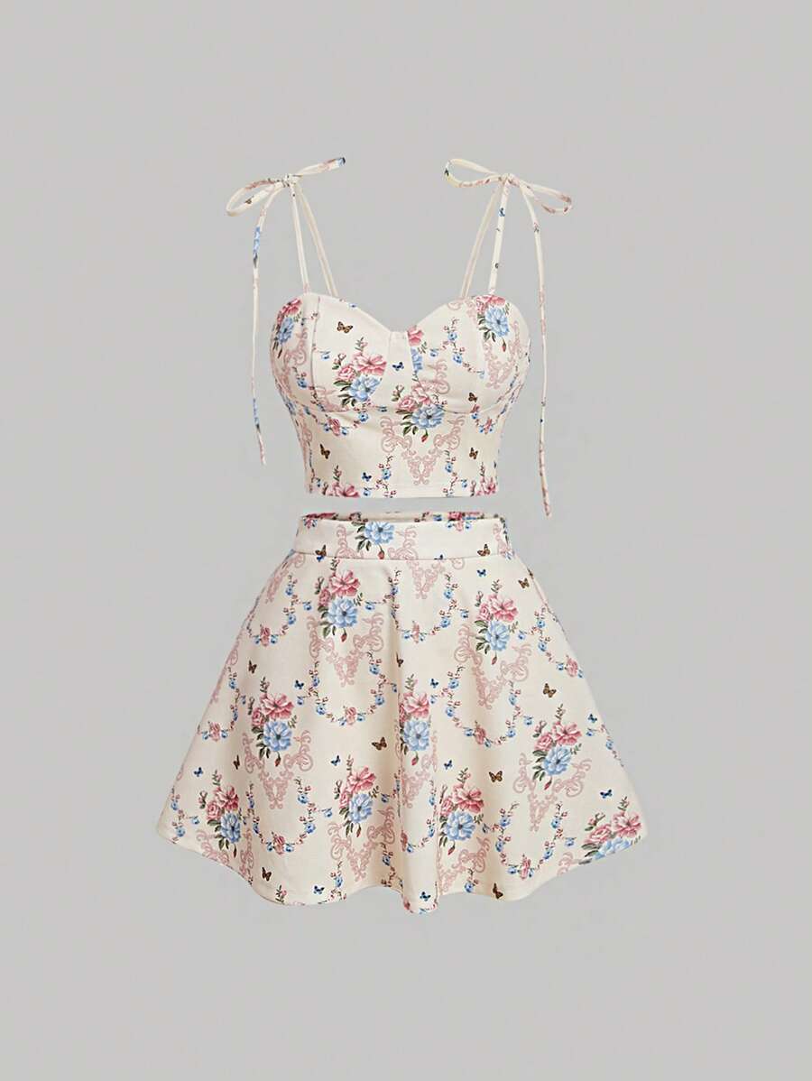 SHEIN MOD Allover Floral Print Bustier Cami Top & Skirt - Beige - View 1