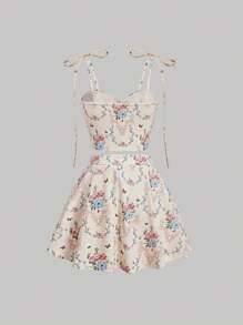 SHEIN MOD Allover Floral Print Bustier Cami Top & Skirt - Beige - View 2
