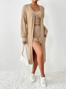 Chiquease Thả vai Dây rút Áo len Mở & Knit ngọn & Quần đùi dệt kim - Màu Khaki - Xem 1