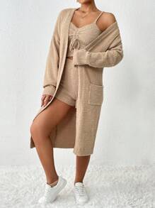 Chiquease Thả vai Dây rút Áo len Mở & Knit ngọn & Quần đùi dệt kim - Màu Khaki - Xem 3