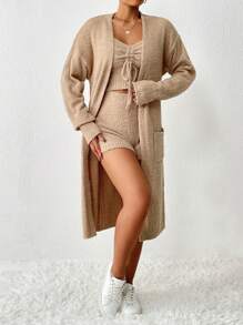 Chiquease Thả vai Dây rút Áo len Mở & Knit ngọn & Quần đùi dệt kim - Màu Khaki - Xem 6