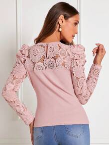 SHEIN Clasi 水溶蕾絲拼接羊腿袖T恤 - 粉色 - 查看 2