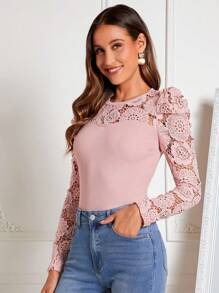 SHEIN Clasi 水溶蕾絲拼接羊腿袖T恤 - 粉色 - 查看 4