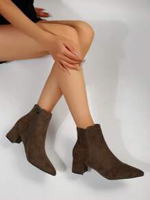 粗跟高跟鞋靴子帶簡單設計和側拉鍊 - 咖啡棕 - 查看 2