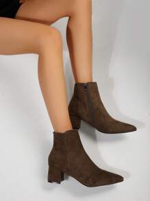 粗跟高跟鞋靴子帶簡單設計和側拉鍊 - 咖啡棕 - 查看 3