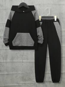 SHEIN Tween Boy Two Tone Raglan Sleeve Hoodie & Sweatpants